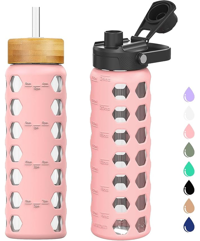MUKOKO Glass Water Bottles, 24oz Glass Tumbler with Straw, Drinking Bottles with 2 Lids-Handle Spout Lid&Bamboo Straw Lid, Motivational Water Bottle with Time Marker and Silicone Sleeve, 1 Pack-Pink