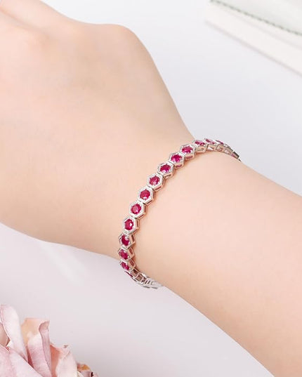 Birthstone Tennis Bracelets for Women Birthday Gifts 925 Sterling Silver Hexagon White Gold Bracelets Round Cut 5A Cubic Zirconia Prong Setting 7 Inch Anniversary Jewelry Gift