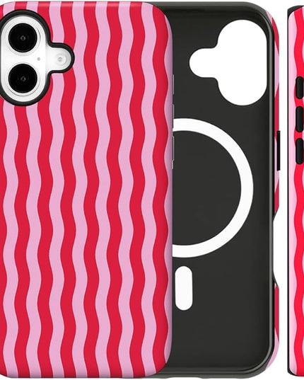 Magnetic for iPhone 16 Case Cute Wavy Stripes Phone Case, Shockproof Slim TPU and Hard PC Protective Phone Cover Compatible with MagSafe Designed for Women Girls, Red