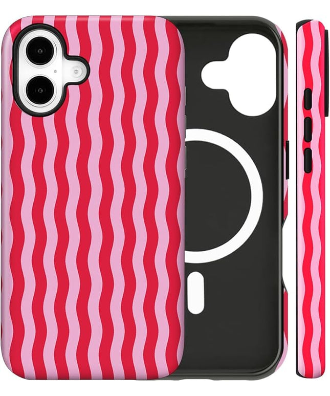 Magnetic for iPhone 17 Case Cute Wavy Stripes Phone Case, Shockproof Slim TPU and Hard PC Protective Phone Cover Compatible with MagSafe Designed for Women Girls, Red