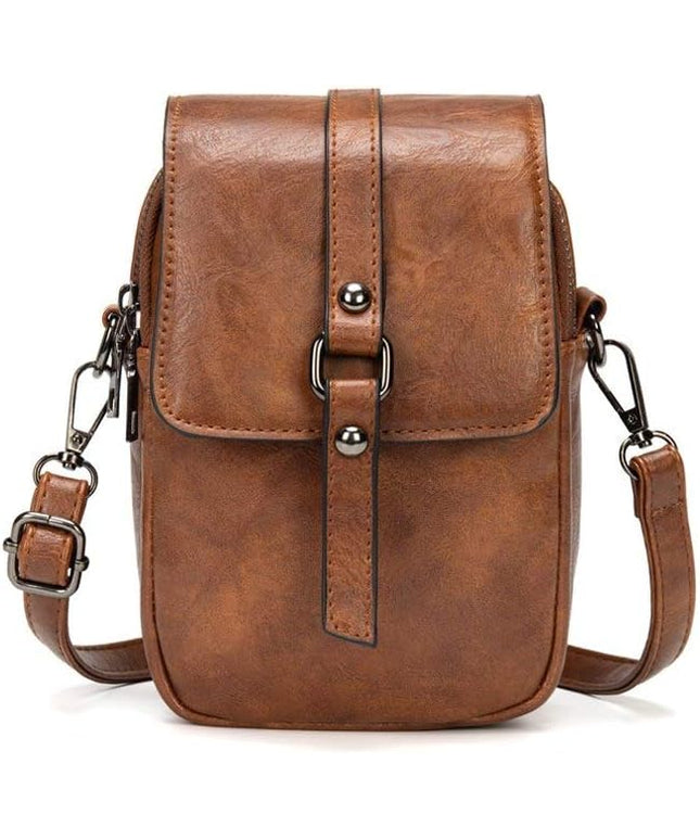 myfriday Vintage Crossbody Phone Bag for Women, Small PU Leather Shoulder Purse and Handbag with Tassel&Rivet Decoration