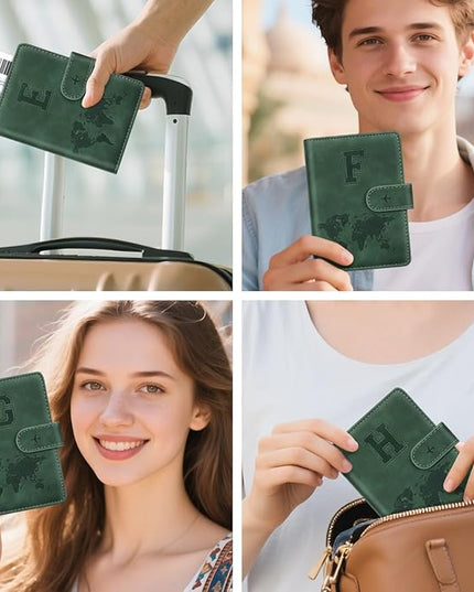Personalized F Passport Holder Cover Initial Letter Travel Wallet RFID Blocking Passport Cover Credit Card Holder Case Passport Book Holders for Women and Men, Pine Green-F
