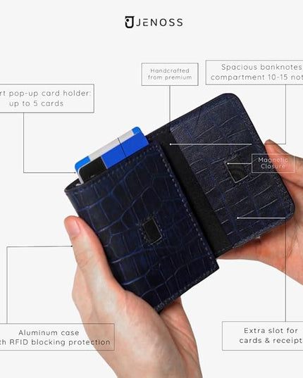 Jenoss Smart Wallet For Men: Full Grain Leather, Slide Metal Pop Up Case, Slim RFID Blocking Credit Card Holder, Minimalist, Compact, 6-8 Cards Organizers, Front Pocket, Money Clip (Navy 2)