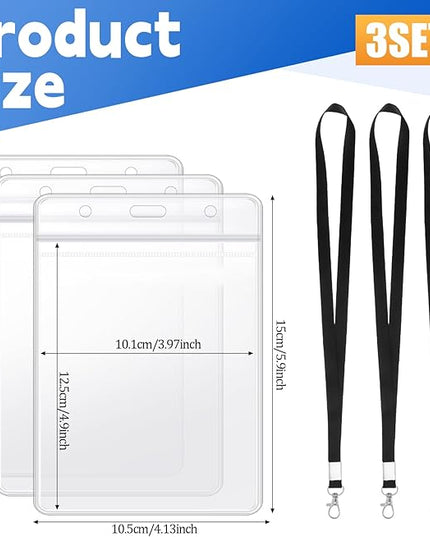 3 Pack 4 X 5.5 Inch Extra Large Passport Holders with Lanyards, Clear ID Badge PVC Card Holder, Waterproof Passport Cover Sleeve Protector for Cruise Plane Credit Card Ticket (Black)