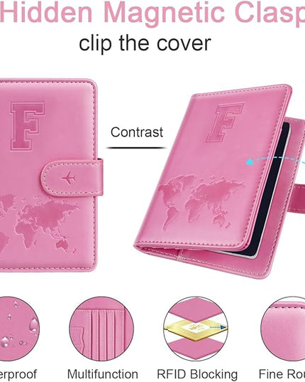 Passport Holder Cover Initail Letter A-Z Travel Wallet Embossed Design RFID Blocking Card Holder Personalized Gift Passport Cover Wallet, Passport Book Holders for Women and Girls, Pink-F