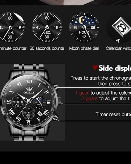 OLEVS Mens Watch Luxury Big Face Stainless Steel Analog Quartz Multifunctional Waterproof Luminous Date Two Tone Fashion Dress Wrist Watches for Man