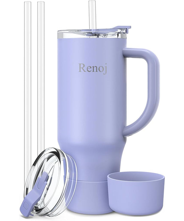 Renoj Tumbler with Handle 100% Leak Proof Insulated Water Bottle for Iced Coffee & Hot Drinks - Fits Car Cup Holder, Ideal Gift, 2 Straws & Silicone Boot BPA-Free - SnapShift Blue 32 oz