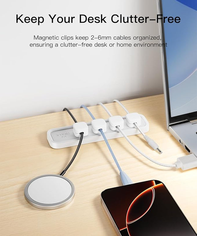 iWALK Magnetic Cable Holder, Reusable Adhesive Desktop Cord Organizer for 2-6mm Cables,4 Clips for Lightning & USB C/Micro Cables,Sticks to Wood,Glass,Metal, Marble, 2-Pack,White