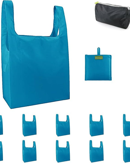 BeeGreen Light Blue Reusable Grocery Bags with Zipper Storage Pouch 10 Packs Blue Reusable Shopping Bags Bulk Foldable-Machine Washable