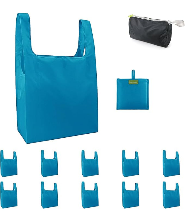 BeeGreen Light Blue Reusable Grocery Bags with Zipper Storage Pouch 10 Packs Blue Reusable Shopping Bags Bulk Foldable-Machine Washable