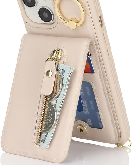 for iPhone 15 Wallet Case with Card Holder, for iPhone 15 Case Wallet with Strap Credit Card Slot, Crossbody Bag with Zipper Case for iPhone15 - Warm White