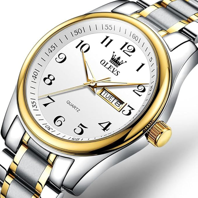 OLEVS Watches for Men Brown Leather Gold Case Analog Quartz Fashion Business Dress Watch Day Date Luminous Waterproof Casual Male Wrist Watches