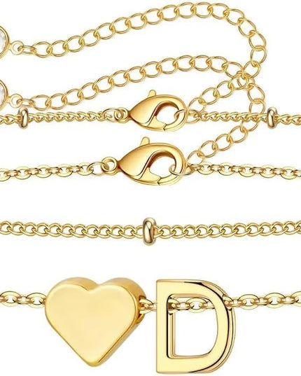 M MOOHAM Valentines Day Gifts for Kids Teen Girls -14K-Gold-Plated Heart Initial A-Z Bracelets for Women Girl Dainty Gold Bracelets Birthday Valentines Gifts for Women Her Teenage Girls Kid Teen Gift