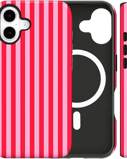 Magnetic for iPhone 16 Plus Case Cute Stripes Phone Case, Shockproof Slim TPU and Hard PC Protective Phone Cover Compatible with MagSafe Designed for Women Girls, Red and Pink