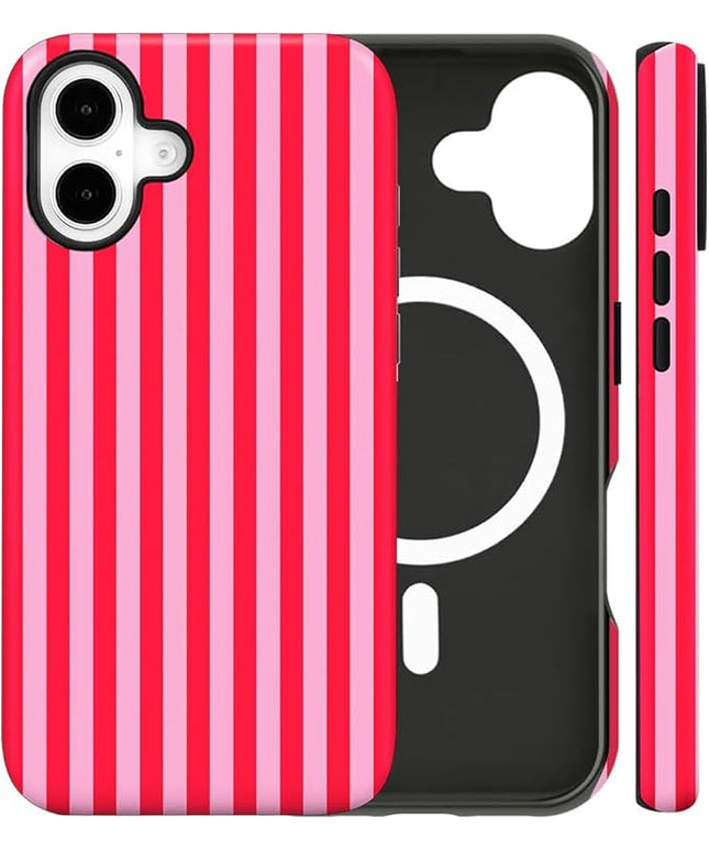 Magnetic for iPhone 17 Case Cute Stripes Phone Case, Shockproof Slim TPU and Hard PC Protective Phone Cover Compatible with MagSafe Designed for Women Girls, Pink and White