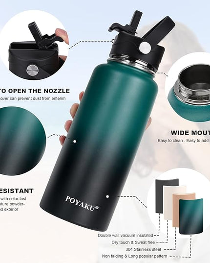 Water Bottle Insulated 32oz 40oz 64oz 128oz Straw Lid Spout Lid & 3 Lids, Leak Proof, Vacuum Insulated,Stainless Steel Water Bottle Wide Mouth for Sports, Gym or Office