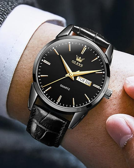 OLEVS Watches for Men Brown Leather Gold Case Analog Quartz Fashion Business Dress Watch Day Date Luminous Waterproof Casual Male Wrist Watches