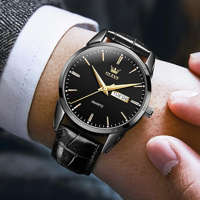 OLEVS Watches for Men Brown Leather Gold Case Analog Quartz Fashion Business Dress Watch Day Date Luminous Waterproof Casual Male Wrist Watches