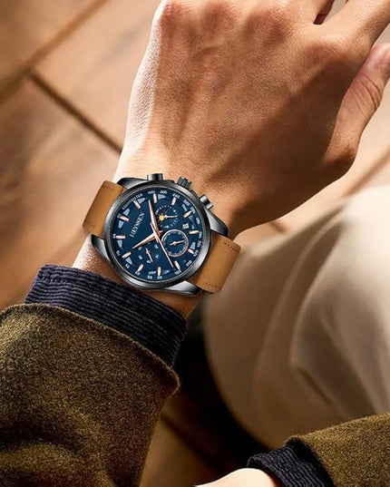 Watches for Men Chronograph Analog Luminous Quartz Watch Blue Black Luxury Genuine Leather Mens Watches Business Sports Waterproof Wristwatch Elegant Gift for Him