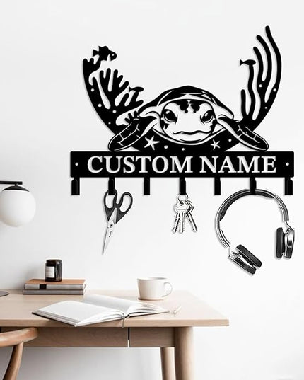 Casebrick Custom Sea Turtle Metal Wall Hooks,Key Holder-Personalized Iron Wall Decor for Keys, Coats & Home Organization (Black, Handmade,Decorative for Entryway, Beach,Bedroom,Office) (Style H)
