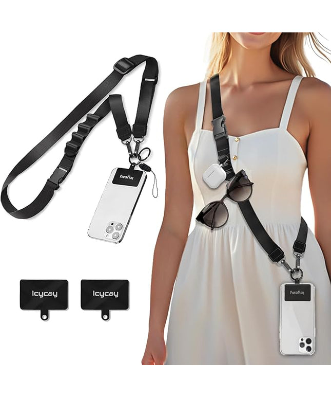 Phone Lanyard Crossbody, Black Cell Phone Lanyard for Around The Neck Adjustable Phone Strap, Anti Theft Long Lanyard for iPhone Case ID Holder Keys Phone Accessories Travel Essential for Women