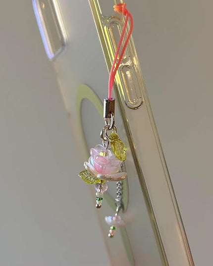 Agromusk Pink Flower Phone Charms,Cute Beaded Lotus Flower Phone Strap Handmade Decor for Women Y2K Accessories Keychain Bag Pendant Gift