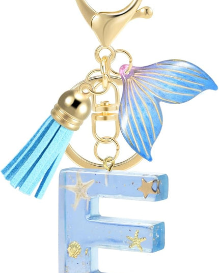 Initial letter Keychains for Women, Ocean Series Avowing Protect Earth Environment, Tassel Cute Car Keychain Initial Key Chain Keyring for Bookbag Handbag Backpack Charm Key Ring Unisex (Letter E)