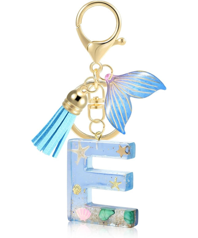 Initial letter Keychains for Women, Ocean Series Avowing Protect Earth Environment, Tassel Cute Car Keychain Initial Key Chain Keyring for Bookbag Handbag Backpack Charm Key Ring Unisex (Letter E)