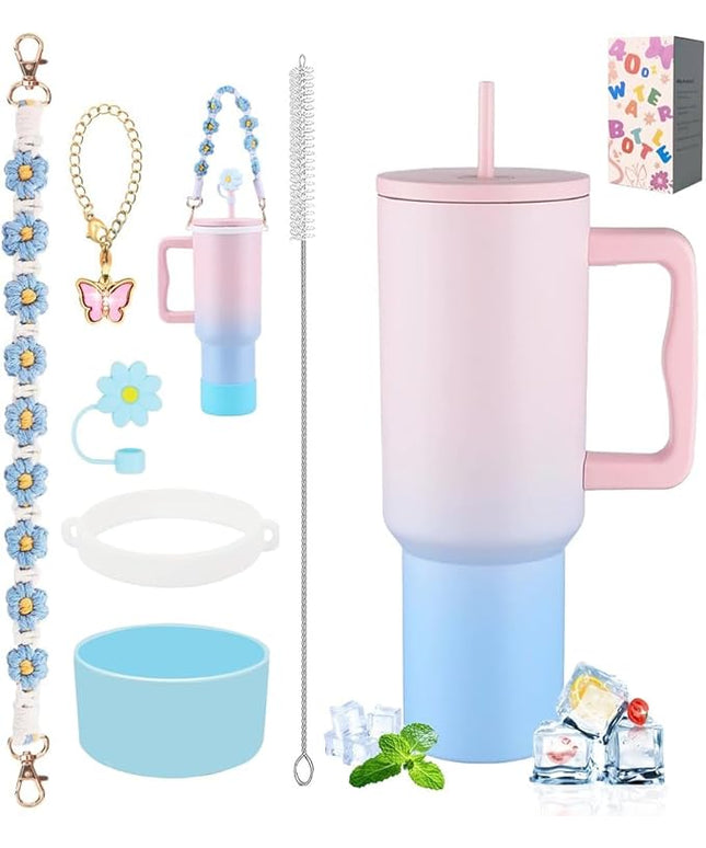 40 oz Tumbler with Handle and Straw & 6PCS Cup Accessories for 40 oz Cup - Vacuum Insulated Stainless Steel Double Wall Water Bottle Travel Coffee Mug - Holiday Gifts for Women Men (Bubble)