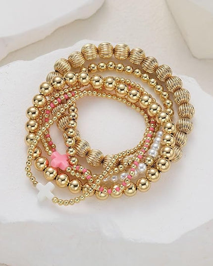 Gold Beaded Bracelets for Women, 14K Real Gold Plated Jewelry for Women Dainty Pearl Bead Bracelets Stack, Non Tarnish Trendy Stackable Ball Cross Stretch Bracelet Set Fashion Accessories Gifts