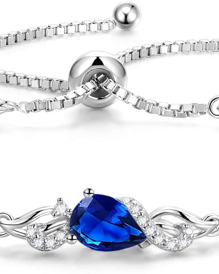 FANCIME Birthstone Teardrop Tennis Bracelet for Women, Sterling Silver 9x7mm main Gemstone Bolo Adjustable Chain Bracelet Fine Jewelry Birthday Gifts for Women Mom Wife Her