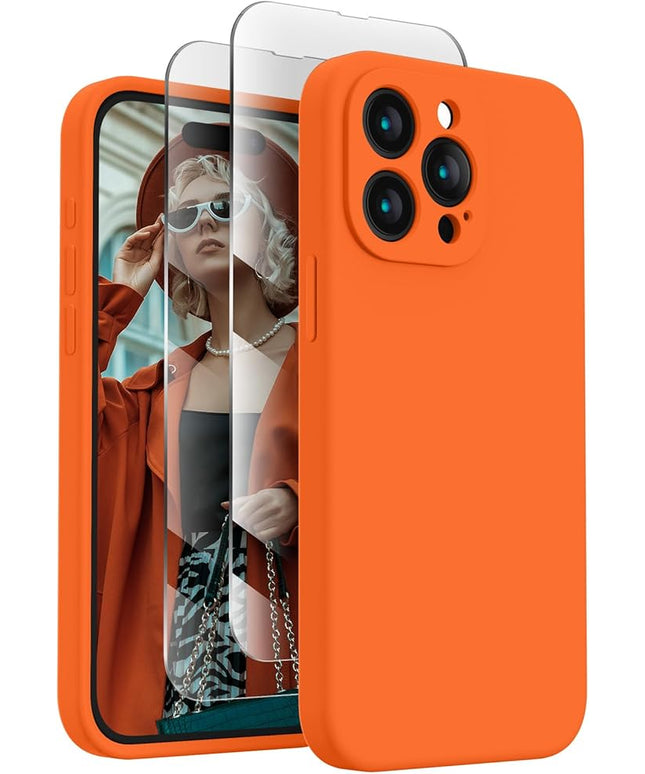 FireNova Designed for iPhone 15 Pro Case, Silicone Upgraded [Camera Protection] Phone Case with [2 Screen Protectors], Soft Anti-Scratch Microfiber Lining Inside, 6.1 inch, Neon Orange