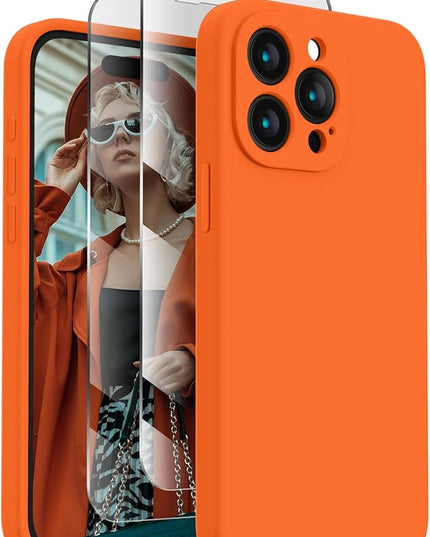 FireNova Designed for iPhone 15 Pro Max Case, Silicone Upgraded [Camera Protection] Phone Case with [2 Screen Protectors], Soft Anti-Scratch Microfiber Lining Inside, 6.7 inch, Neon Orange