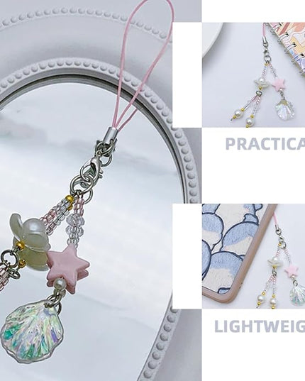 Beaded Phone Strap Charm Shell Pendant Keychain for Women, Holographic Shell Beads Cellphone Chain Lanyard Accessory for Bags and Keys, Fresh Summer Design Phone Charm Decor