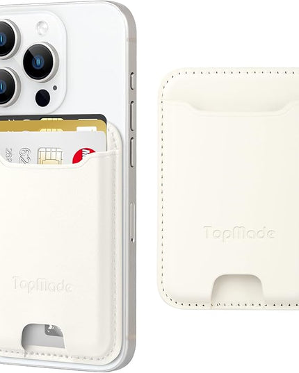 TopMade Phone Card Holder, Premium Leather Phone Wallet Stick on, Stronger 3M Adhesive Credit Card Holder for Back of Phone Case, iPhone, Samsung, and Android, RFID Blocking, Fit 4 Cards, Milky White