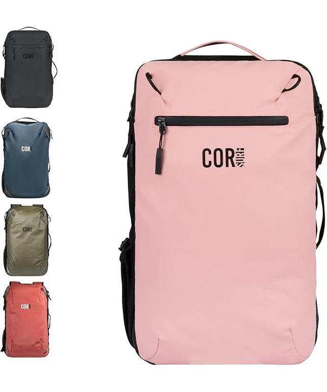 COR Surf Carry On Travel Laptop Backpack with Secret Passport Pockets | Daypack Business Weekender Luggage Backpack for Men and Women | The Island Hopper (40L, Pink)