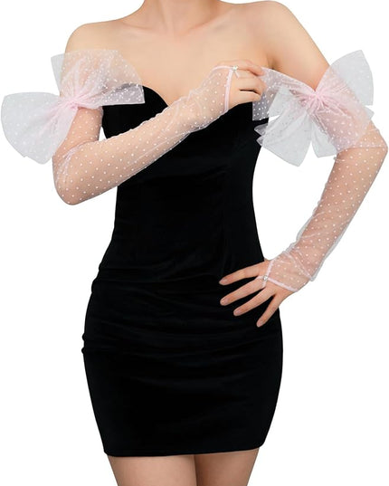 Long Fingerless Lace Gloves with Bow Polka Dot Wedding Bridal Mesh Sheer Gloves Long Opera Party Accessories