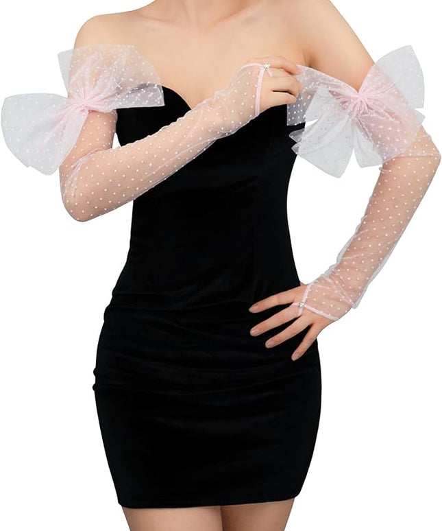 Long Fingerless Lace Gloves with Bow Polka Dot Wedding Bridal Mesh Sheer Gloves Long Opera Party Accessories