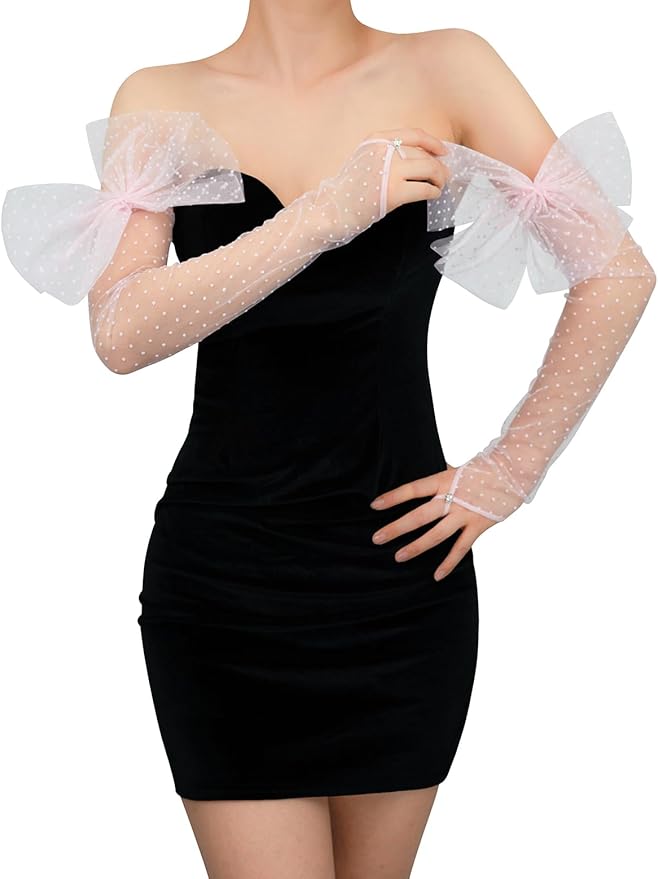 Long Fingerless Lace Gloves with Bow Polka Dot Wedding Bridal Mesh Sheer Gloves Long Opera Party Accessories