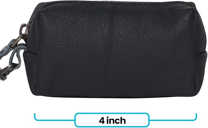 Leather Zipper Coin Pouch with Key Clip, Compact Change Holder Wallet for Men & Women, Small Leather Coin Purse for Cash, Keys, Earbuds, Everyday Carry Accessory (1, Black)