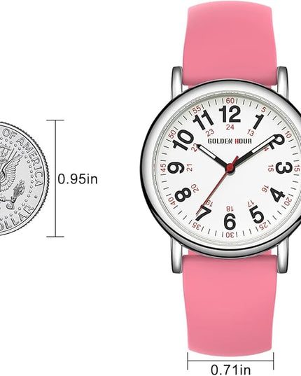 GOLDEN HOUR Waterproof Nurse Watch for Medical Professionals, Students Women Men - Military Time Luminouse Easy Read Dial, 24 Hour with Second Hand, Colorful Silicone Band
