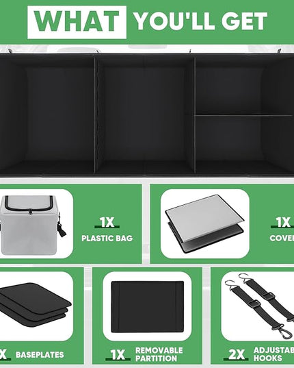 Simniam Car Trunk Organizer with Insulated Grocery Bag- 110L High Capacity Car Storage Box, with 4 Compartments, Reflective Strip, Cover, for Auto, SUV, Truck, Minivan