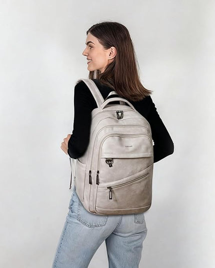 43L Backpack for Women Men - Vegan Leather Backpack Purse Travel Carry-on Bag College Bookbag Work fits 17" Laptop,Ash Gray Retro