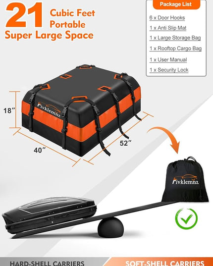 FIVKLEMNZ 21 Cubic Car Rooftop Cargo Carrier Roof Bag Waterproof for All Top of Vehicle with/Without Rack Includes Topper Anti-Slip Mat + Reinforced Straps + 6 Door Hooks + Luggage Lock