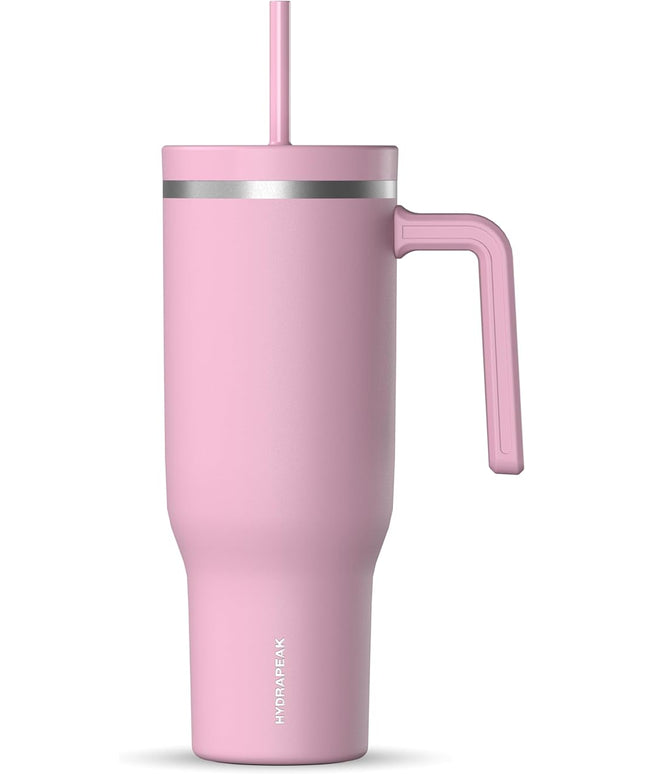 Hydrapeak Voyager 40 Oz Stainless Steel Tumbler with Handle, Insulated Water Bottle With Straw & Lid, Cupholder Friendly Reusable Travel Mug (Cotton Pink)