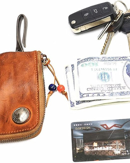 Wugebud 1 Pcs Leather Mini Medieval Pouch Keychain, Coin Organizer, Change Holder, Leather zipper Pouch for Men & Women