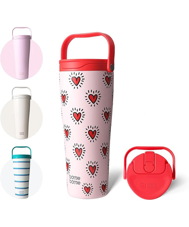 BOTTLE BOTTLE Insulated Tumbler with Handle & Straw Lid, 30oz Stainless Steel Leak-Proof Water Bottle for Hot & Cold Drinks, Add Ice Without Unscrewing, BPA-Free for Travel, Office(Heart Beats)