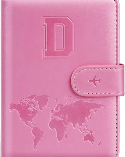 Passport Holder Cover Initail Letter A-Z Travel Wallet Embossed Design RFID Blocking Card Holder Personalized Gift Passport Cover Wallet, Passport Book Holders for Women and Girls, Pink-D