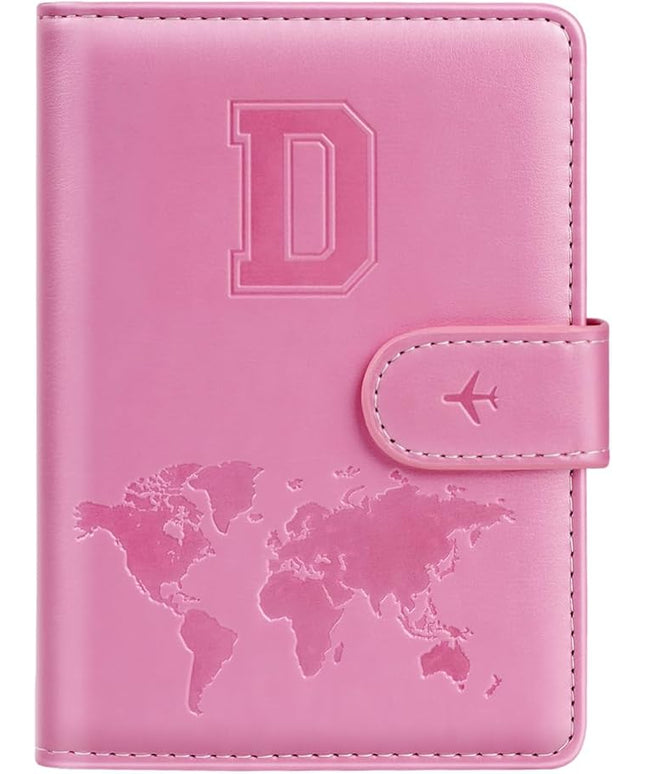 Passport Holder Cover Initail Letter A-Z Travel Wallet Embossed Design RFID Blocking Card Holder Personalized Gift Passport Cover Wallet, Passport Book Holders for Women and Girls, Pink-D