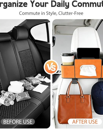 Multifunctional Car Seat Back Storage Box, 3-in-1 Backseat Car Organizer with Dual Cup Holders, Hold Phones, Snacks, Drinks, and Handbags (Orange)